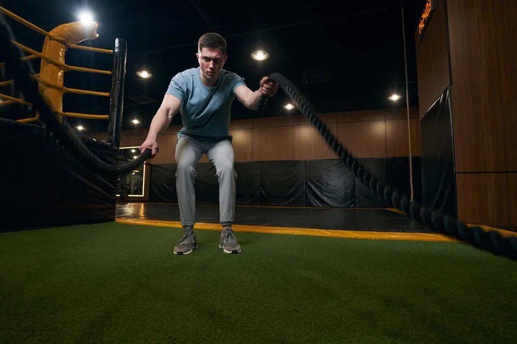 Concentrated athlete doing high intensity workout at gym
