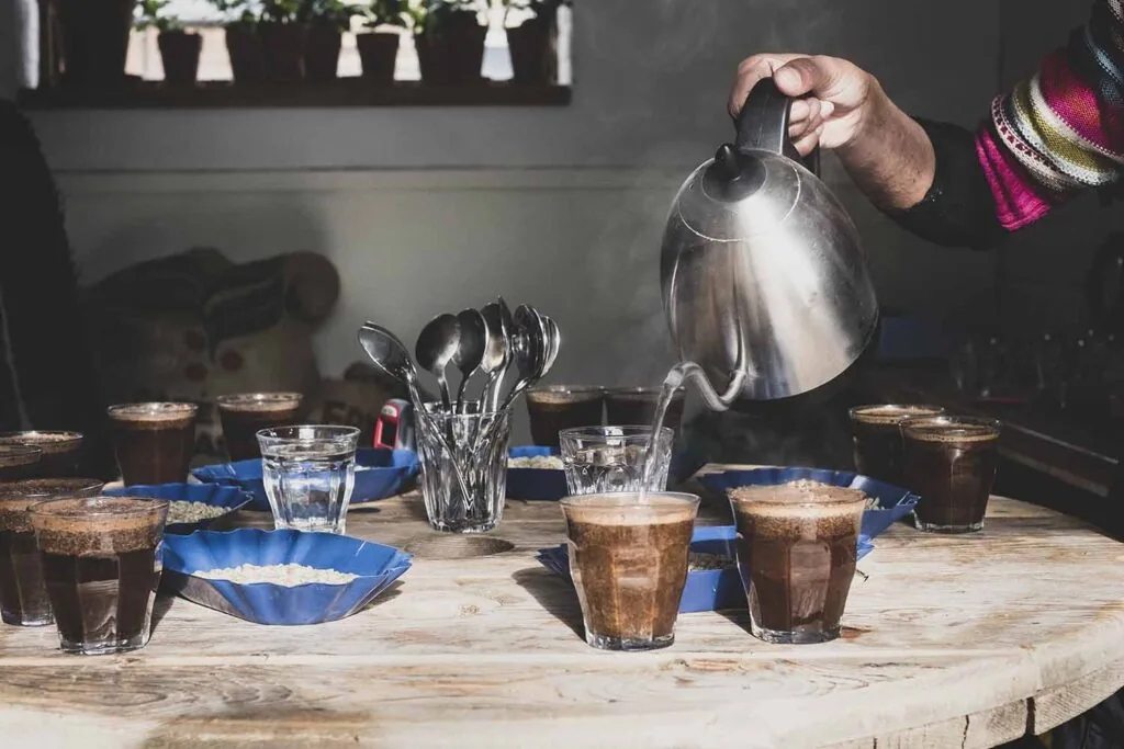 Coffee tasting, barista pouring coffee into glasses on a wooden table, trays with coffee beans.