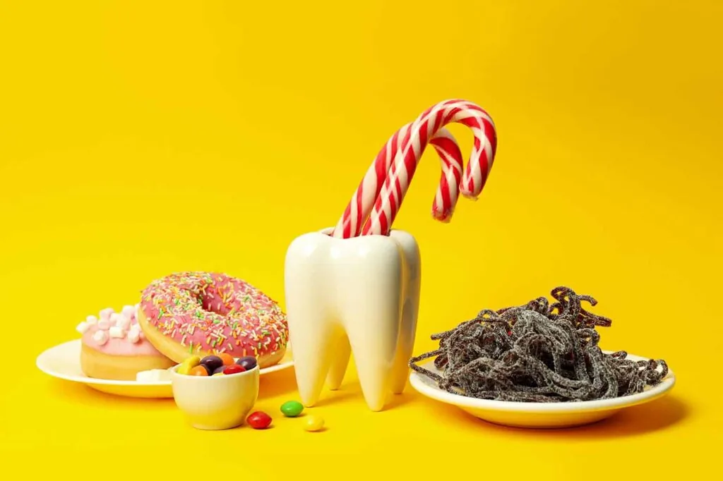 Concept of food bad for teeth, dental care concept