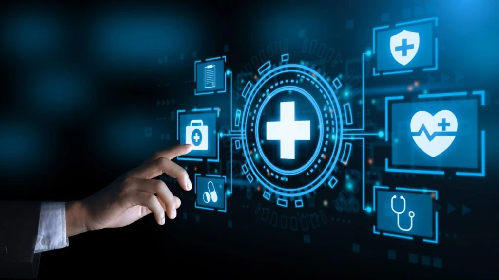 heart health - Employer hand clicks to health icon for healthcare medical