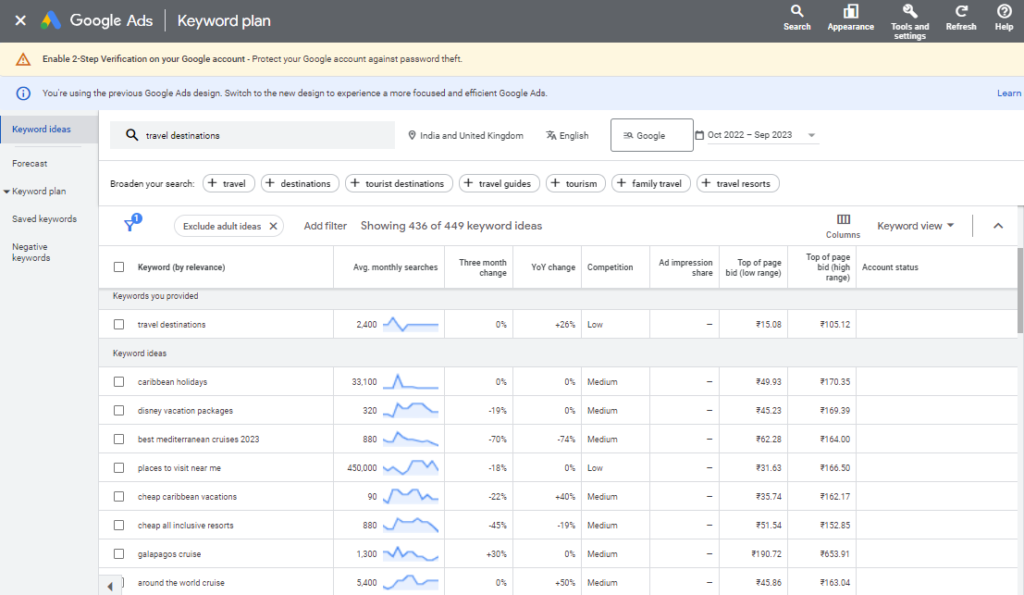 Keyword ideas using Google Keyword Planner