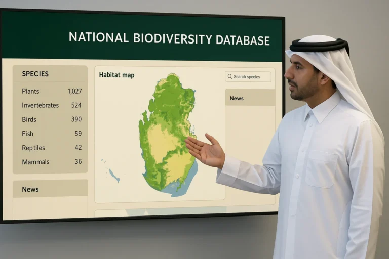 Interactive interface of the Qatar biodiversity database displaying species data and habitat maps
