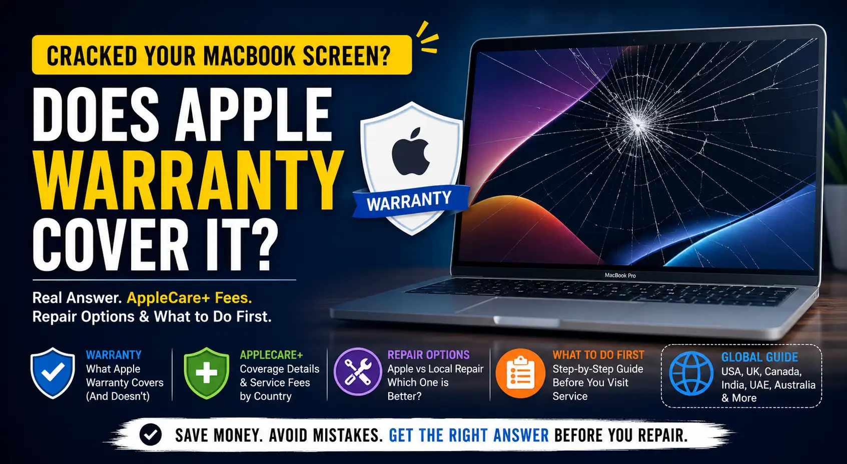 Cracked MacBook screen with Apple warranty and AppleCare repair options